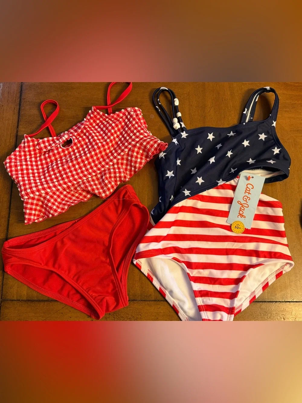 Cat & Jack Red White Navy Swimsuit Set - Stars & Stripes and gingham 1 &2 piece